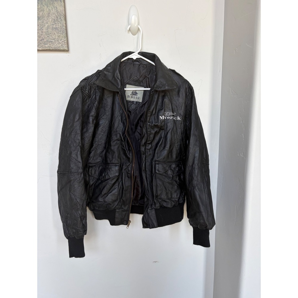 Burks Bay Mens Maverick Helicopter Genuine Leather Bomber Jacket Black Small